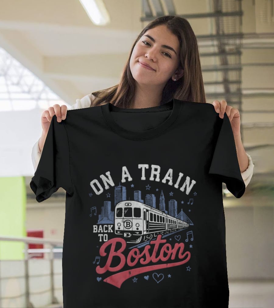 On A Train Back To Boston City Skyline With Musical Notes And Hearts T-Shirt