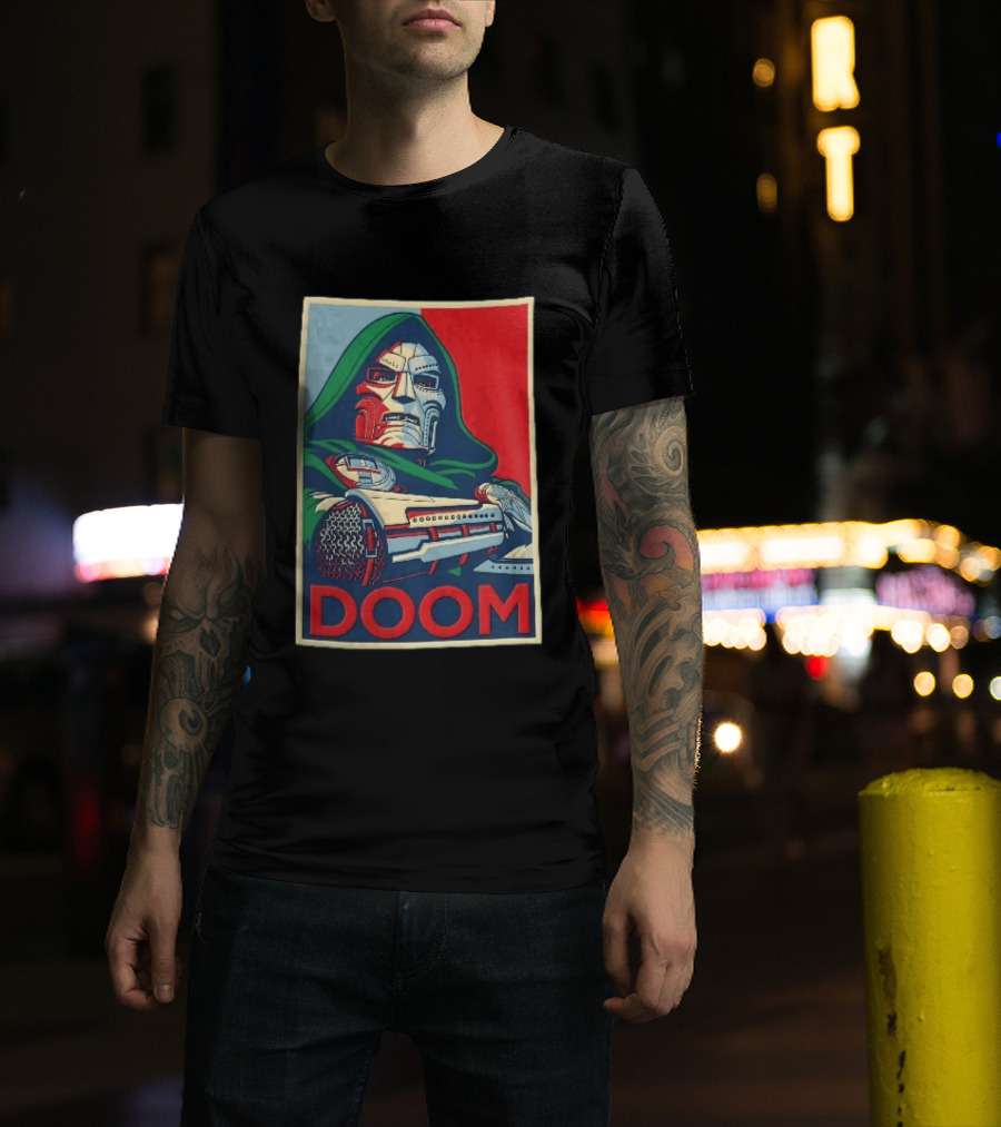 Doom Supervillain Mask Hooded Armored Gauntlets Red Blue T-Shirt