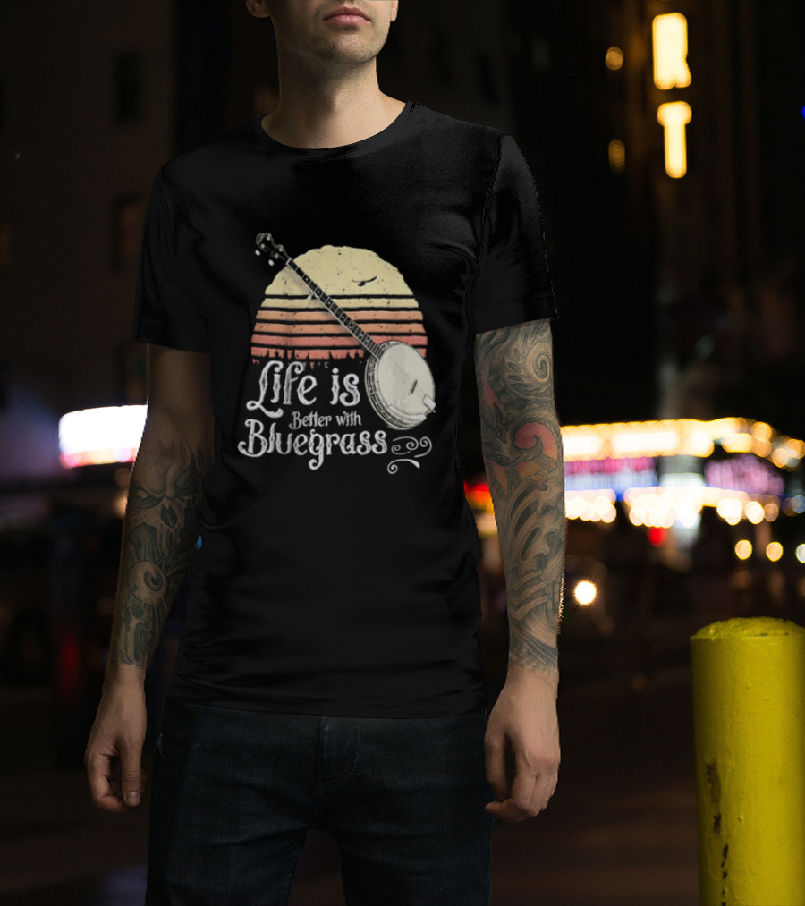 Life Is Better With Bluegrass Vintage Sunset Banjo T-Shirt