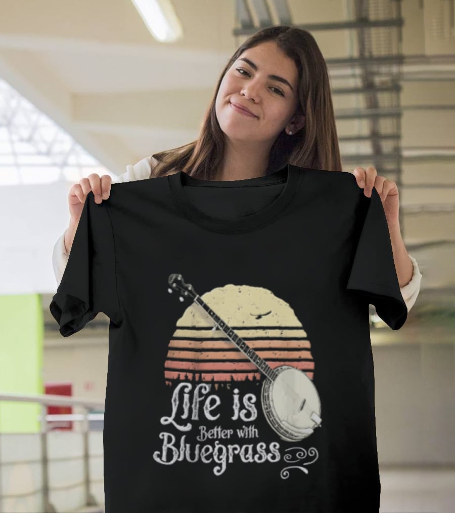 Life Is Better With Bluegrass Vintage Sunset Banjo T-Shirt