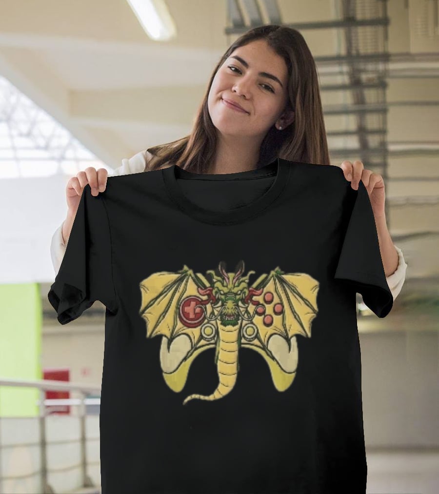 Green Chinese Dragon Head Gamepad Controller Wings Tail Cartoon Gamer Fun T-Shirt