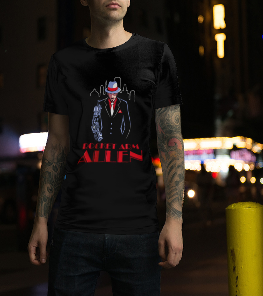 Rocket Arm Allen Man In Suit With Cybernetic Arm City Skyline T-Shirt