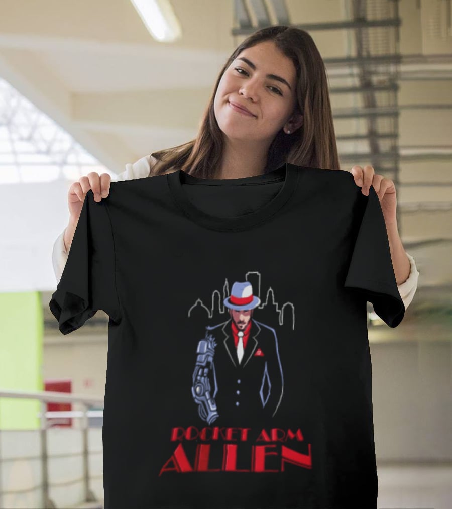 Rocket Arm Allen Man In Suit With Cybernetic Arm City Skyline T-Shirt