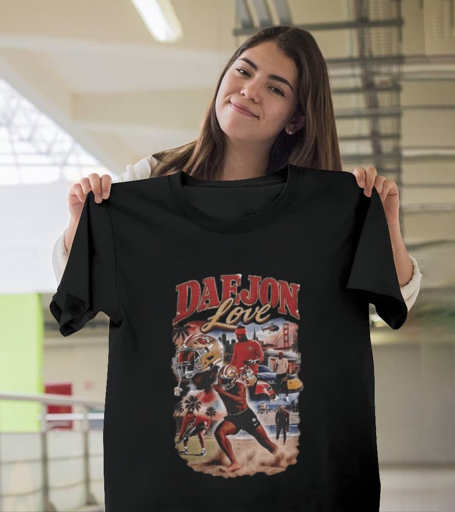 San Francisco 49ers Daejon Love Collage Running Barefoot Beach Player Photos T-Shirt