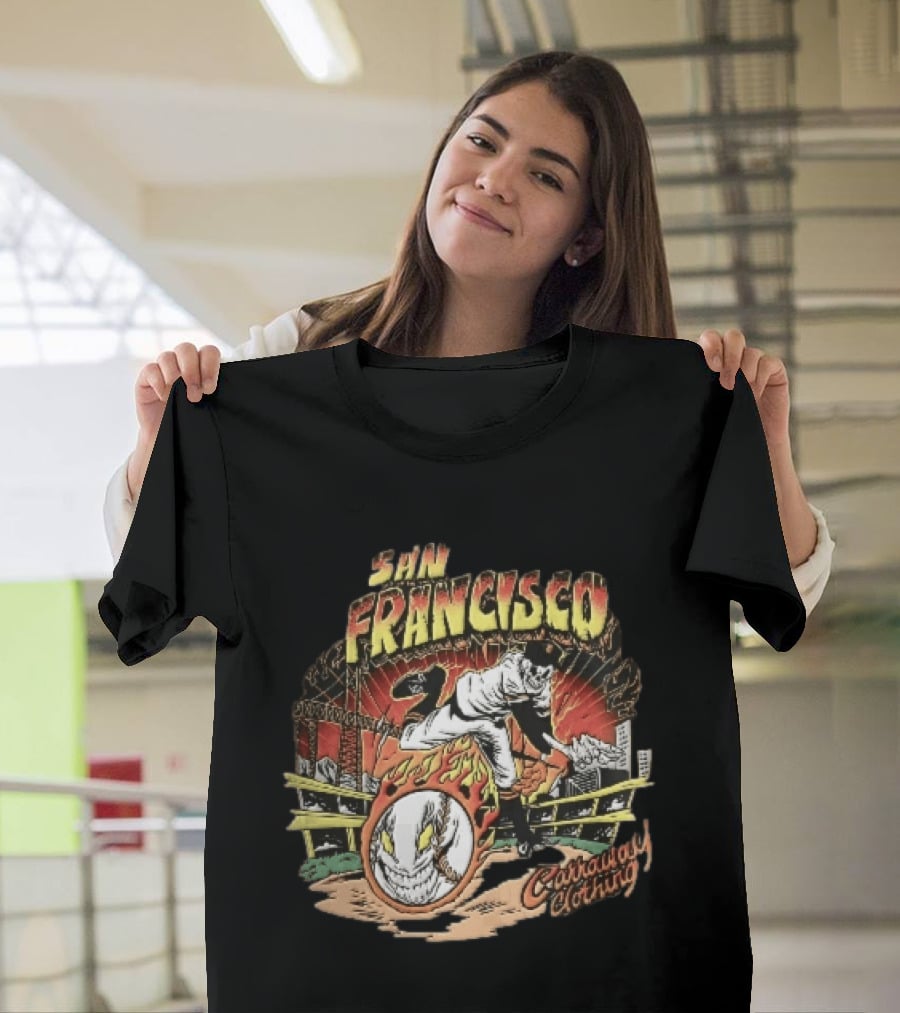 San Francisco Giants Skeleton Pitcher Flaming Baseball Golden Gate Bridge Carraway Clothing T-Shirt