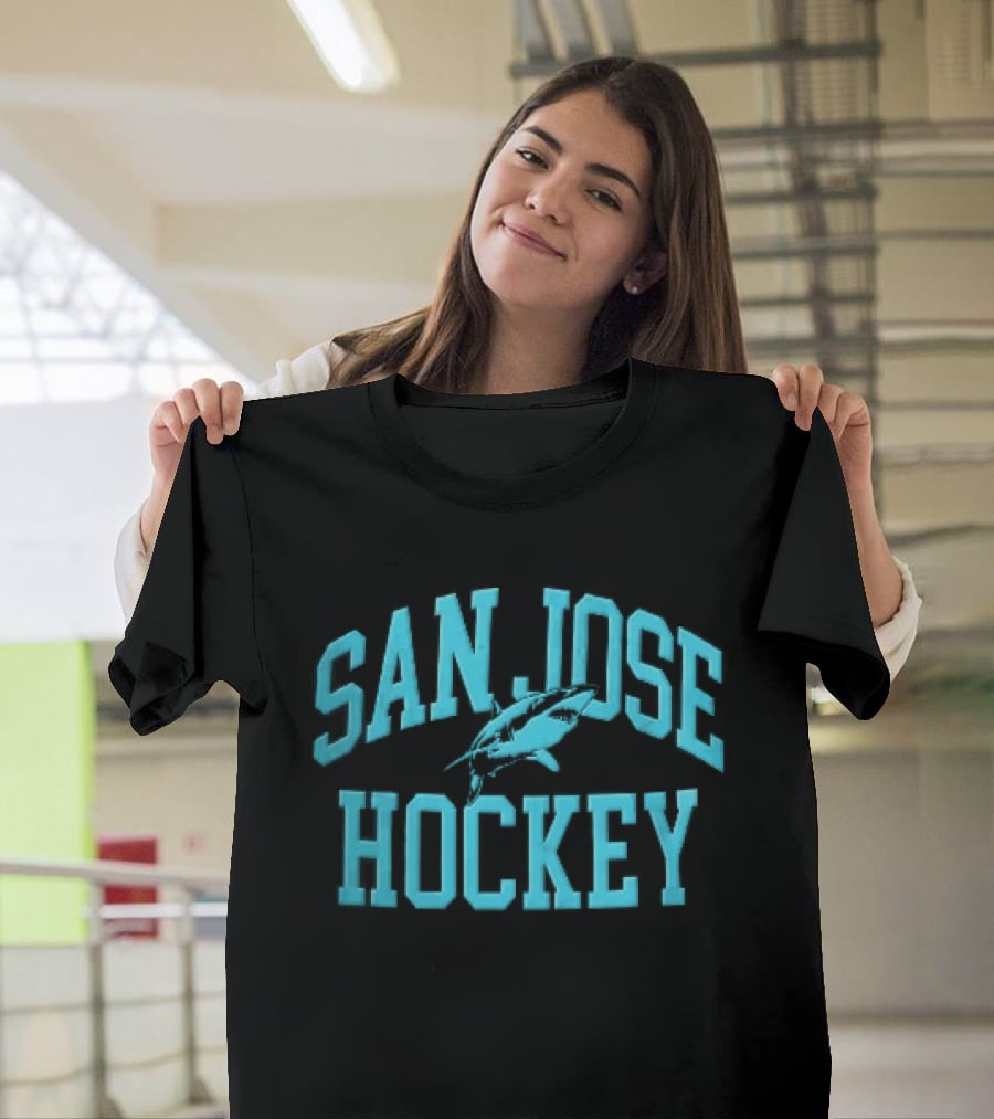San Jose Hockey Great White Shark Arched Teal Halftone T-Shirt