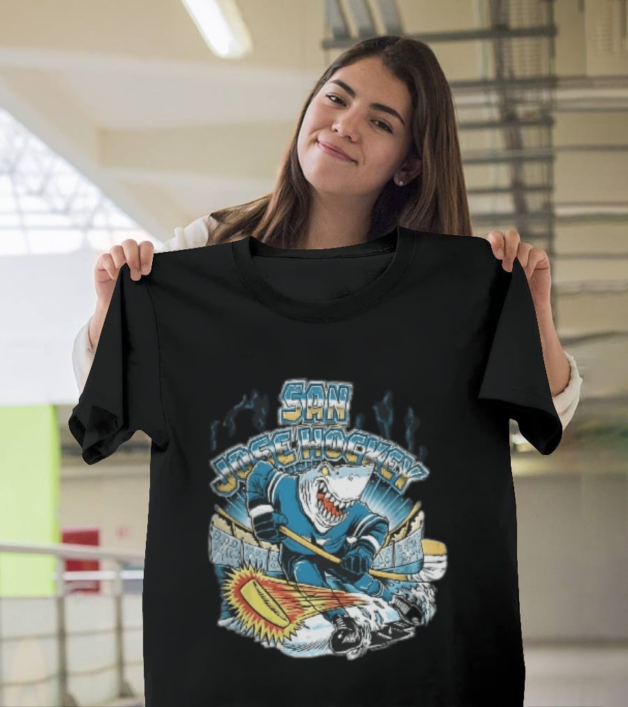 San Jose Hockey Cartoon Skating Shark Flaming Puck Ice Rink T-Shirt