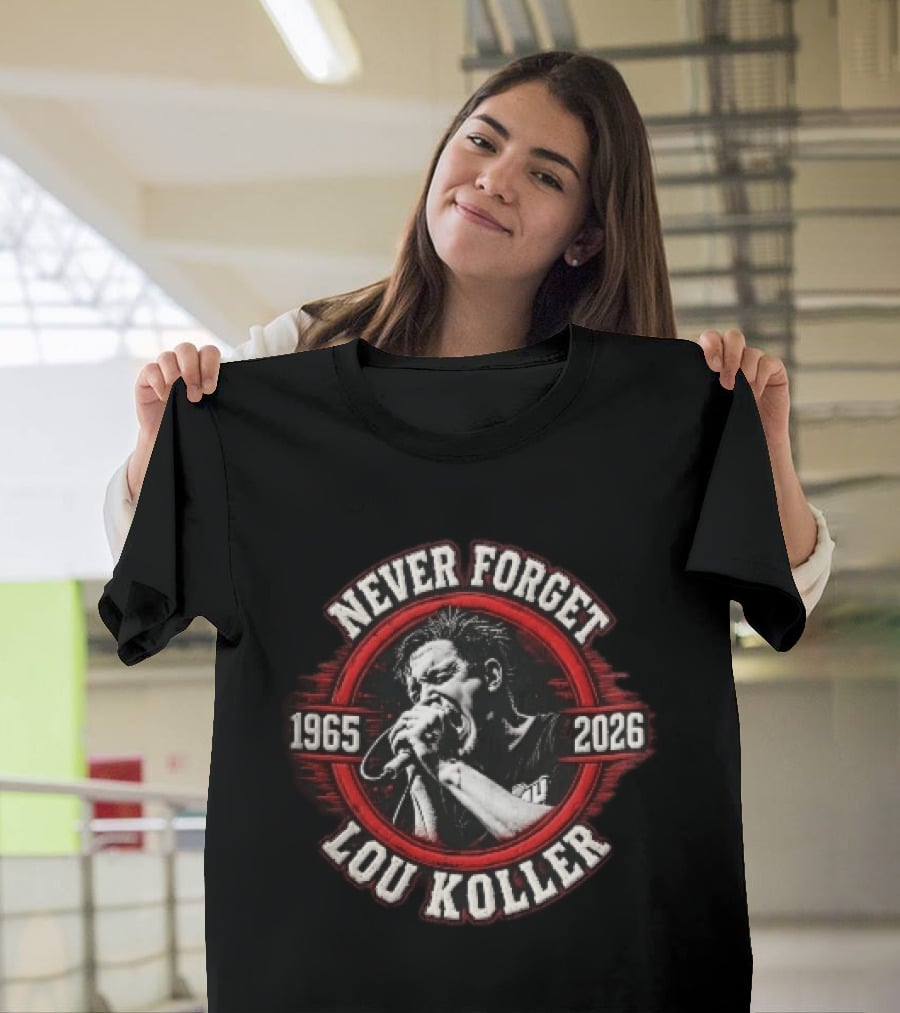 Never Forget Lou Koller 1965 2026 Singer Screaming Microphone Red Frame T-Shirt