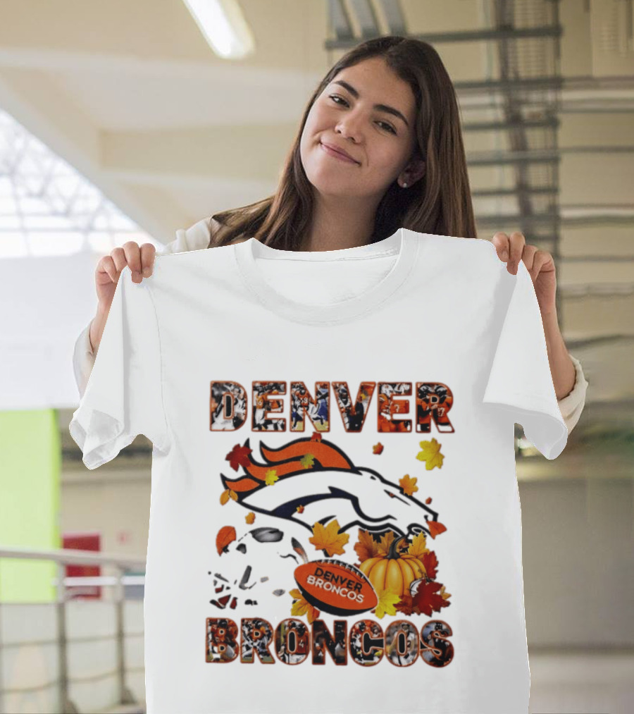Denver Broncos Football Autumn Fall Leaves Pumpkin Halloween 2026 T-Shirt
