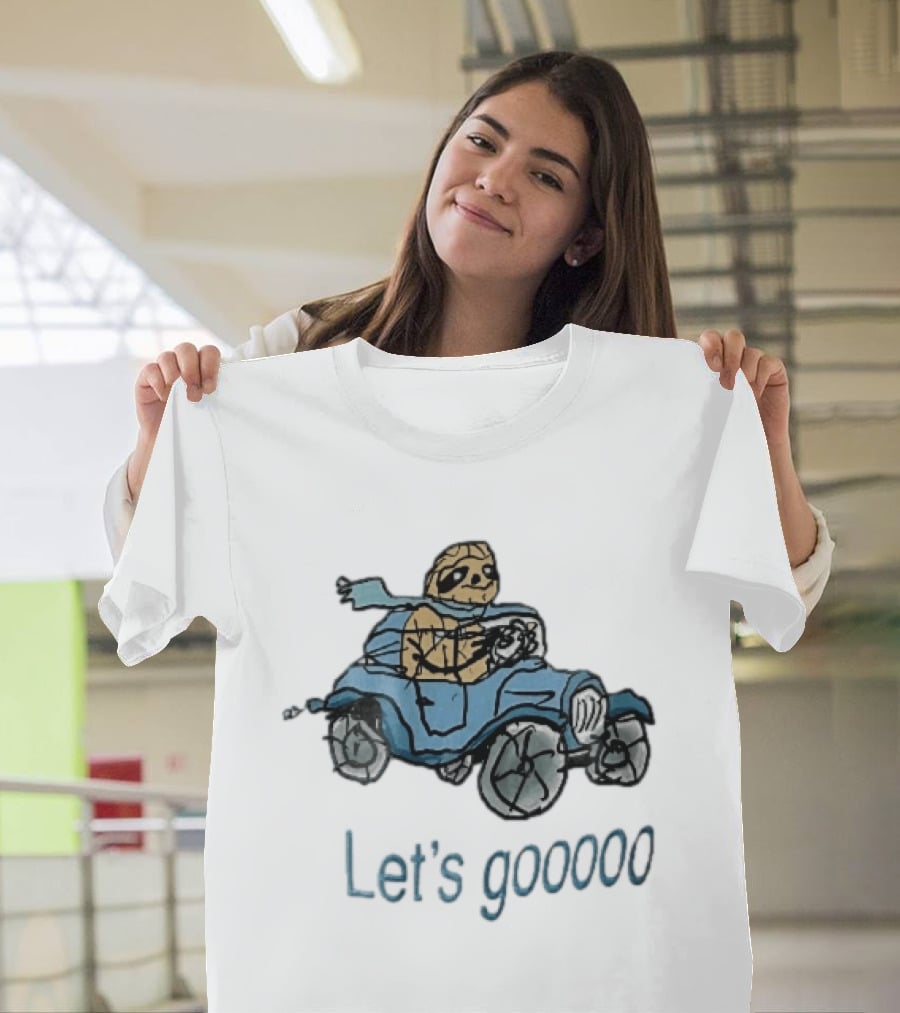 Let's Gooooo Cartoon Sloth Scarf Driving Blue Car Sketch T-Shirt