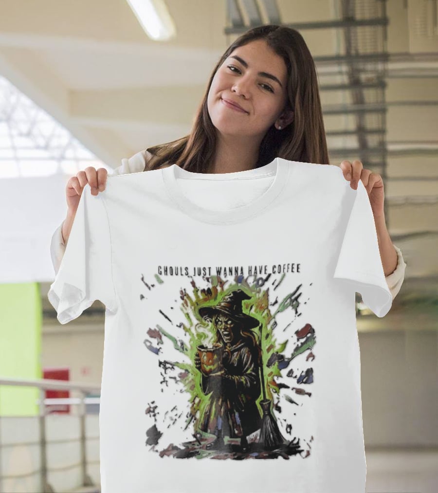 Ghouls Just Wanna Have Coffee Witch With Pumpkin And Broom Colorful Splatter T-Shirt