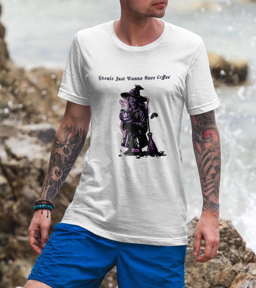 Ghouls Just Wanna Have Coffee Witch Holding Steaming Broomstick T-Shirt