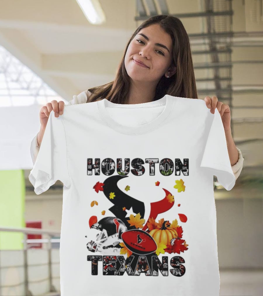 Houston Texans Football Autumn Fall Pumpkin Helmet Leaves 2026 Halloween T-Shirt