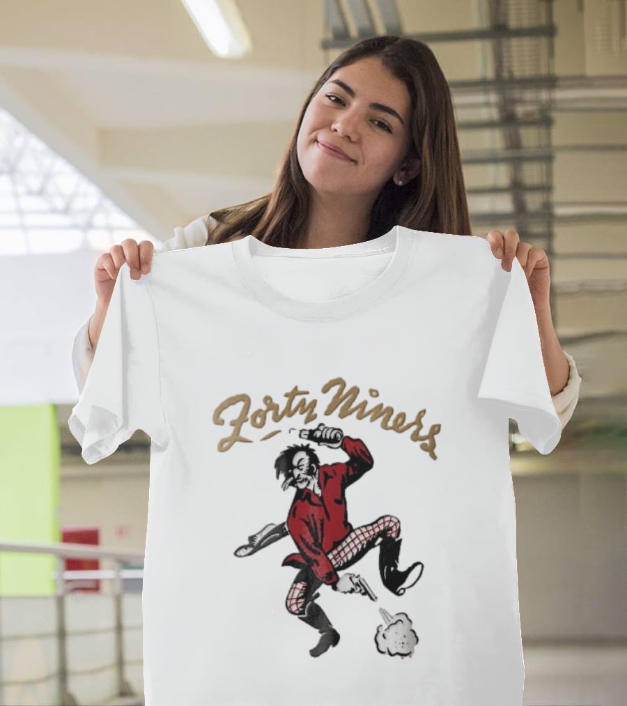 San Francisco 49ers Forty Niners Cartoon Gold Rush Miner Shooting Pistol Vintage Football T-Shirt
