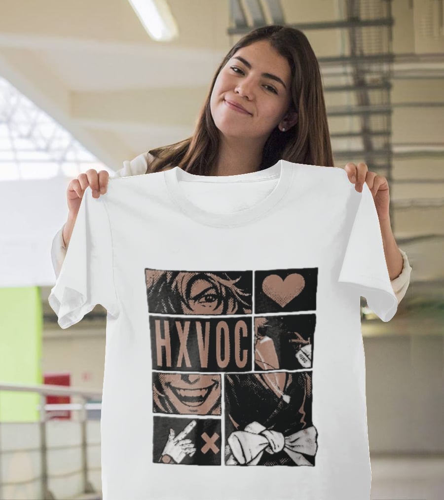 Hxvoc Halftone Manga Vampire Comic Panels Fangs Heart Bow T-Shirt