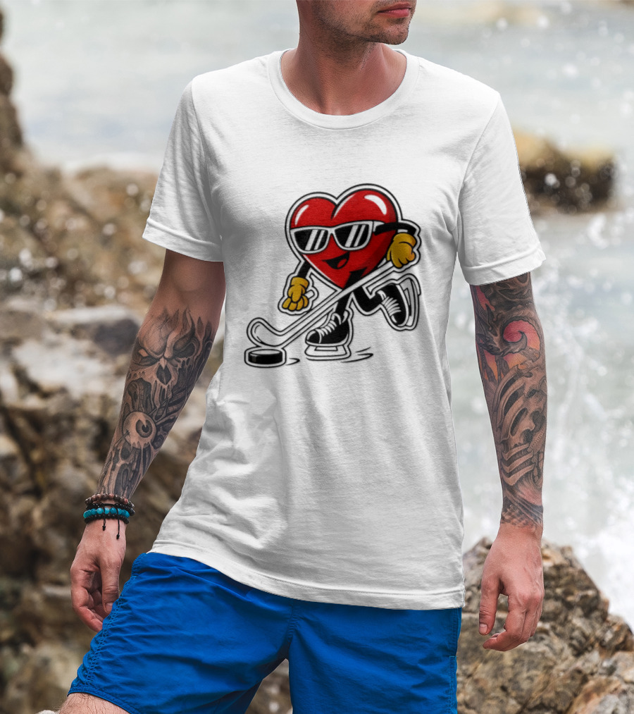 I Love Hockey Heart Character With Sunglasses And Stick T-Shirt