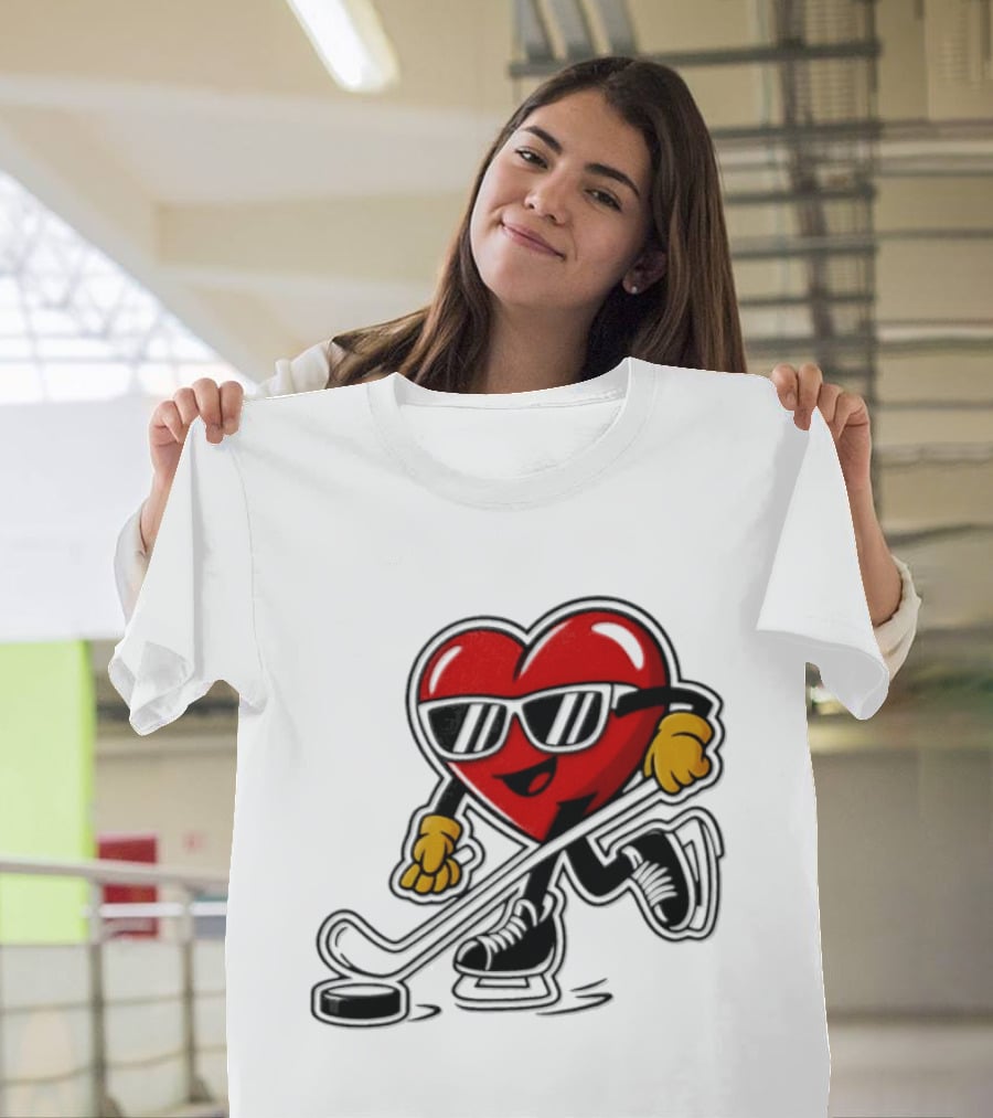 I Love Hockey Heart Character With Sunglasses And Stick T-Shirt