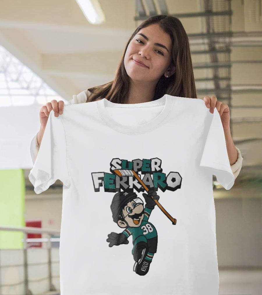 Super Ferraro Mario 38 Ice Hockey Player Jumping Stick Cartoon Caricature T-Shirt