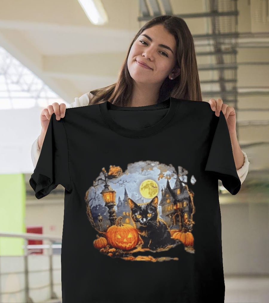 Black Cat Haunted House Pumpkin Full Moon Halloween Magic T-Shirt