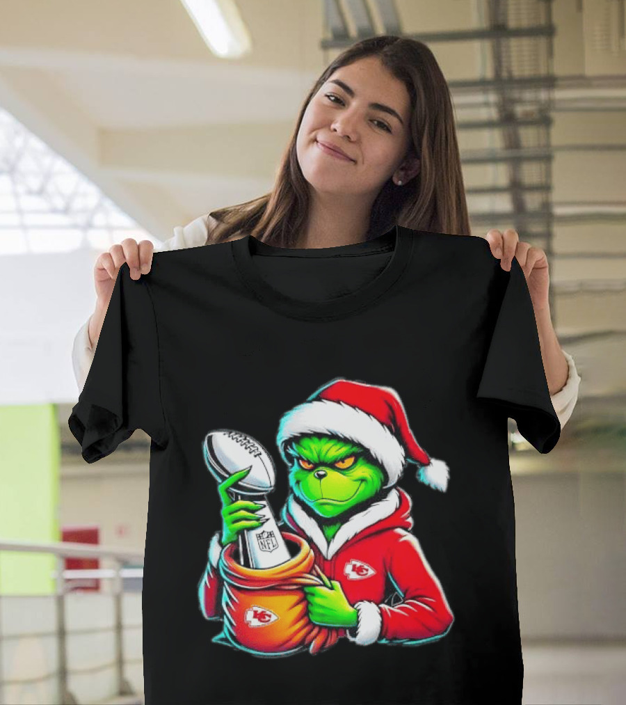 Kansas City Chiefs Grinch Christmas Holiday NFL Trophy Santa Hat T-Shirt
