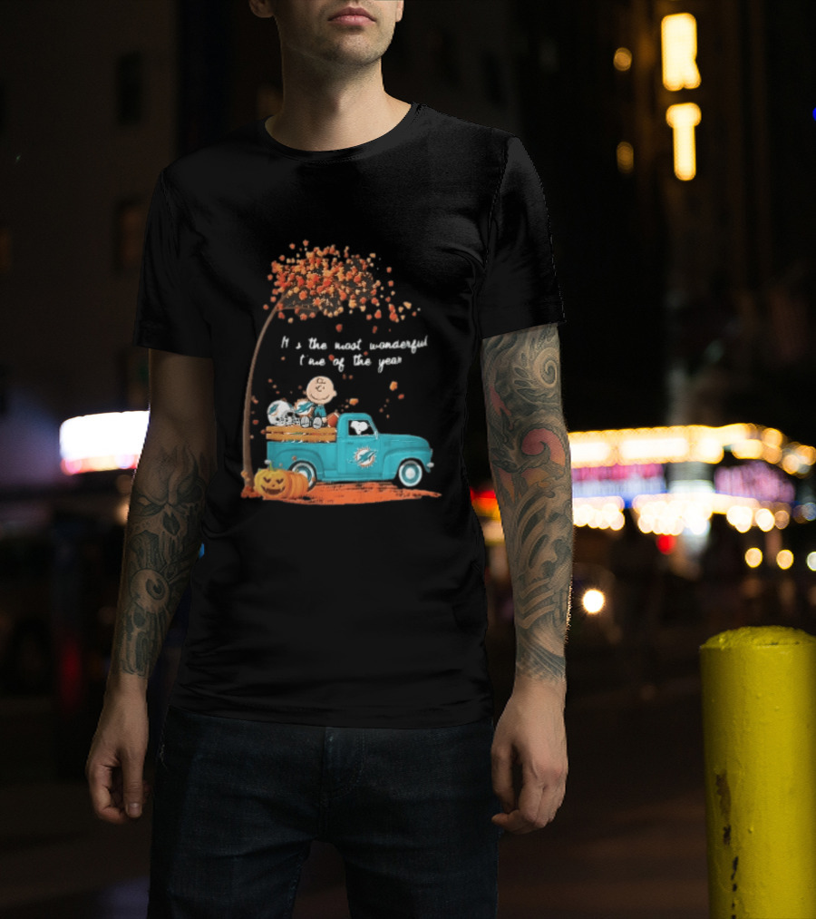 Miami Dolphins Charlie Brown Snoopy Pickup Truck Pumpkins Most Wonderful Time Of Year T-Shirt
