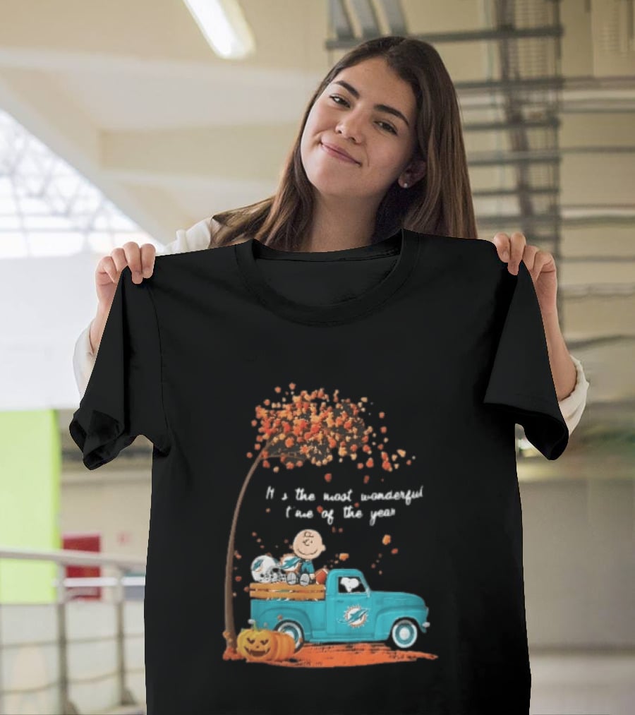 Miami Dolphins Charlie Brown Snoopy Pickup Truck Pumpkins Most Wonderful Time Of Year T-Shirt