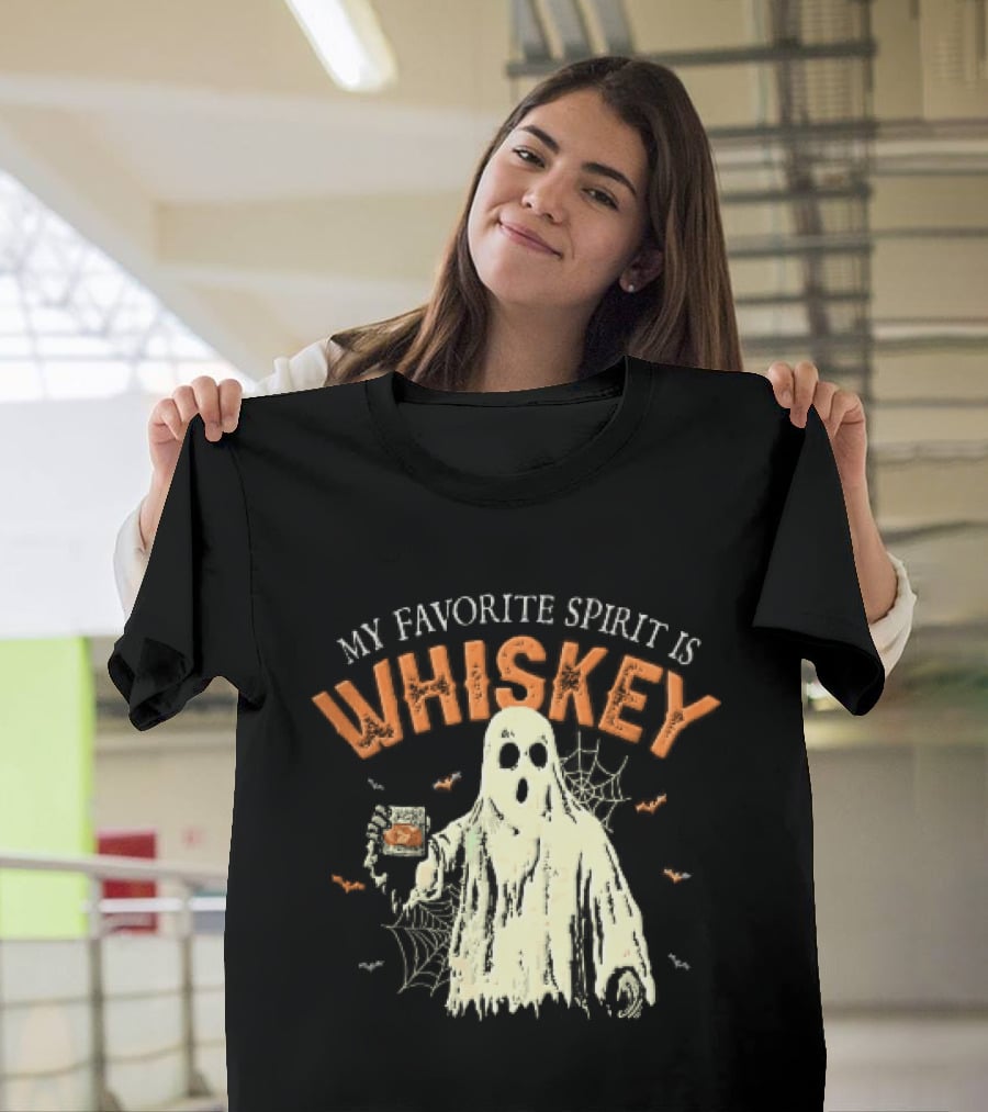 My Favorite Spirit Is Whiskey Ghost Holding Glass Bats Cobwebs Distressed T-Shirt