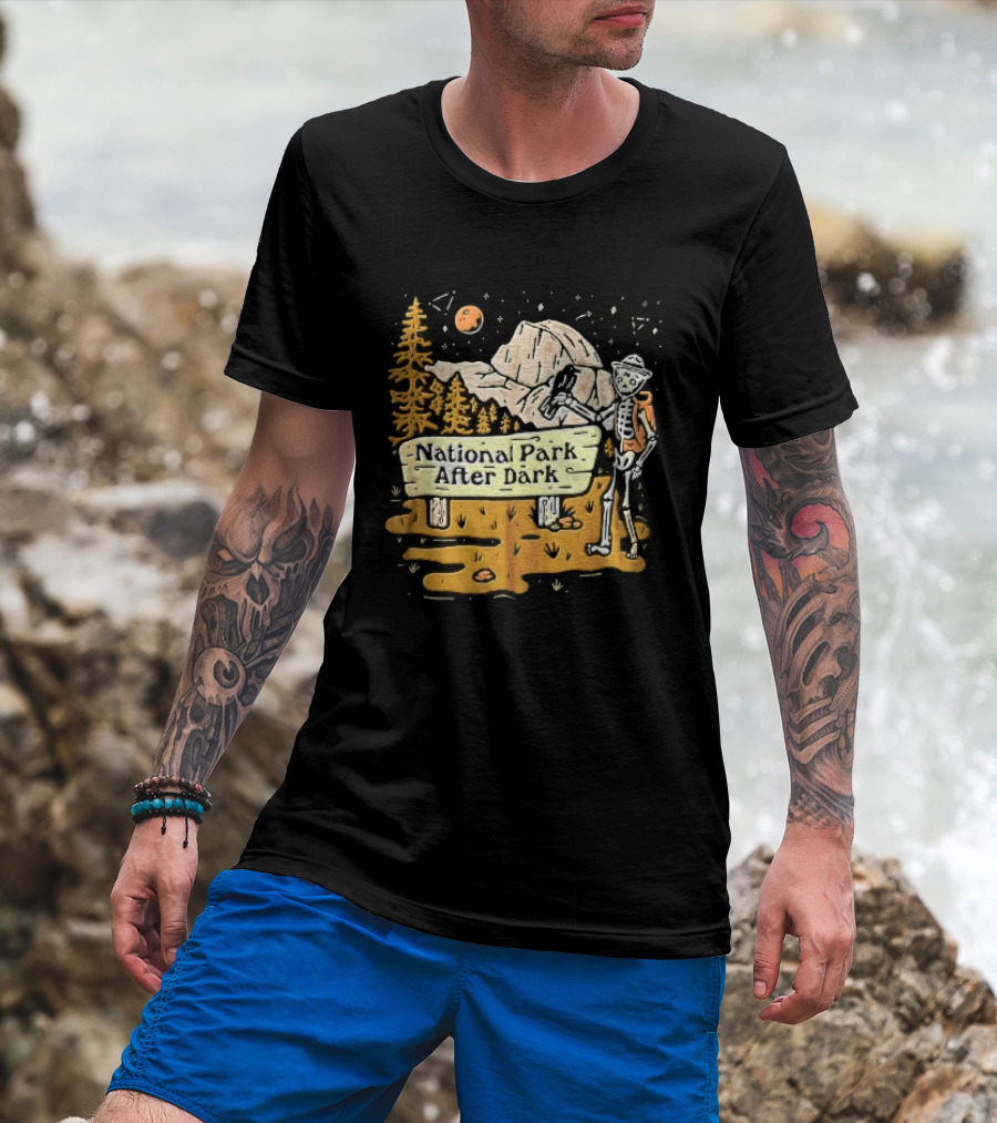 National Park After Dark Skeleton Ranger With Raven And Mountain Cartoons T-Shirt