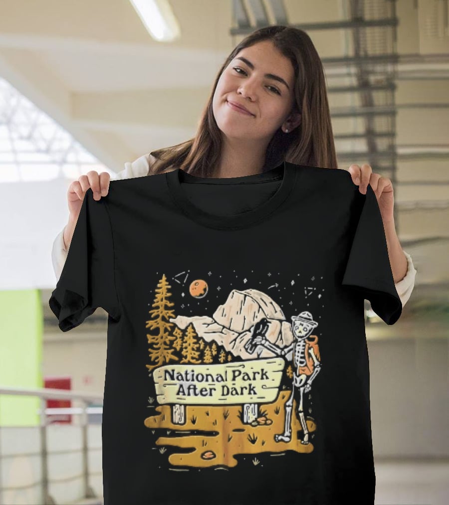 National Park After Dark Skeleton Ranger With Raven And Mountain Cartoons T-Shirt