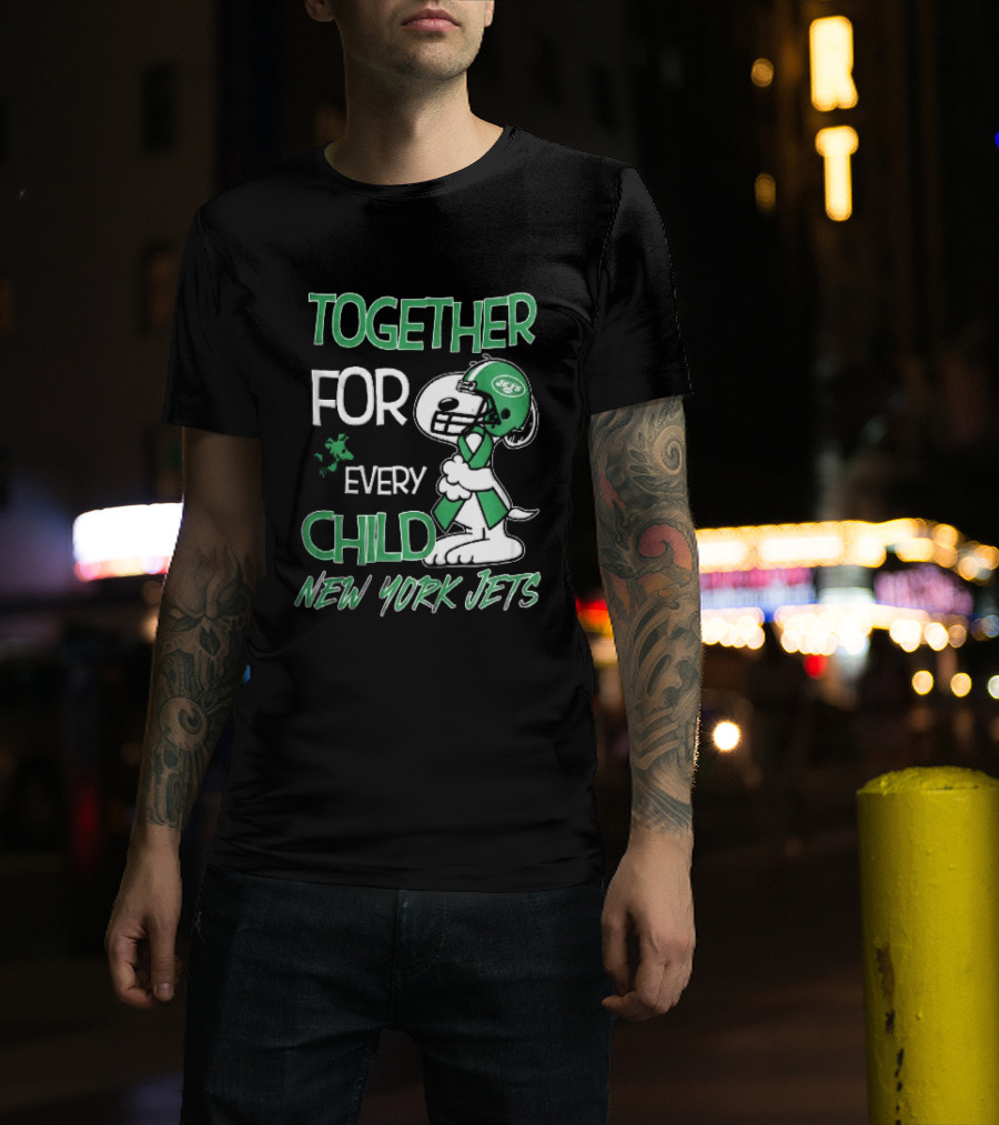 New York Jets Snoopy Woodstock Together For Every Child Football Helmet Green Ribbon T-Shirt