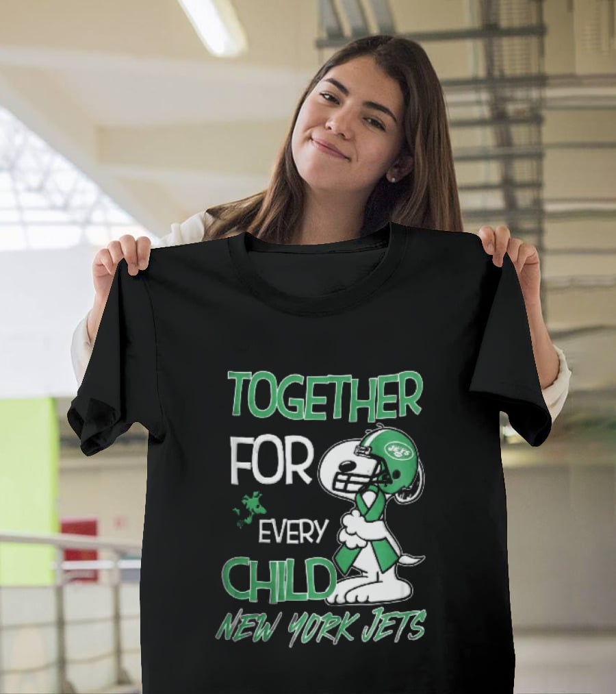 New York Jets Snoopy Woodstock Together For Every Child Football Helmet Green Ribbon T-Shirt