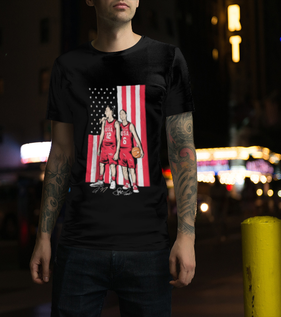 Sue Bird Diana Taurasi USA Basketball American Flag Signatures T-Shirt
