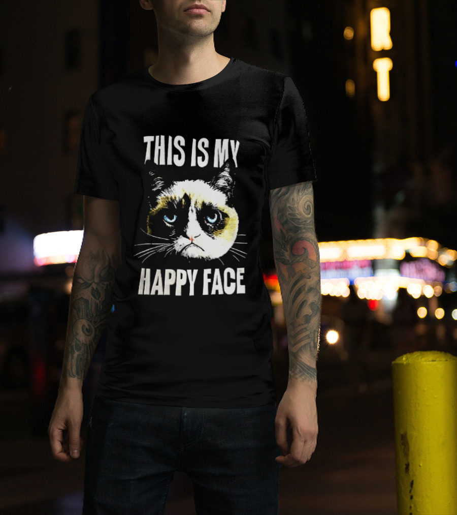 This Is My Happy Face Grumpy Cat Blue Eyes Frowning T-Shirt