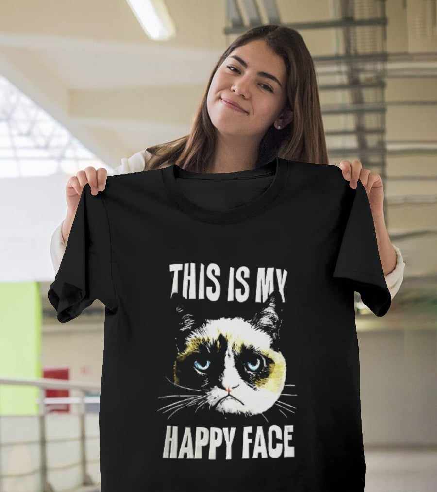 This Is My Happy Face Grumpy Cat Blue Eyes Frowning T-Shirt