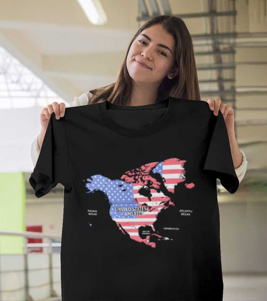 United States American Flag Map Of North America Featuring USA Canada Mexico Greenland T-Shirt