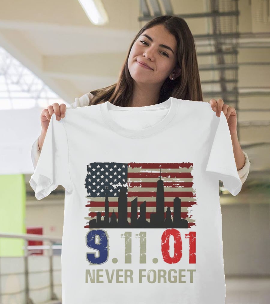 9.11.01 Never Forget American Flag Skyline Memorial Patriot 9 11 T-Shirt
