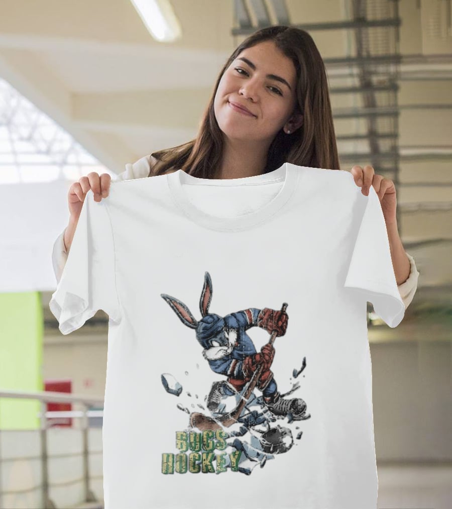 Bugs Hockey Cartoon Bunny Cracking Ice Puck Shot Distressed T-Shirt