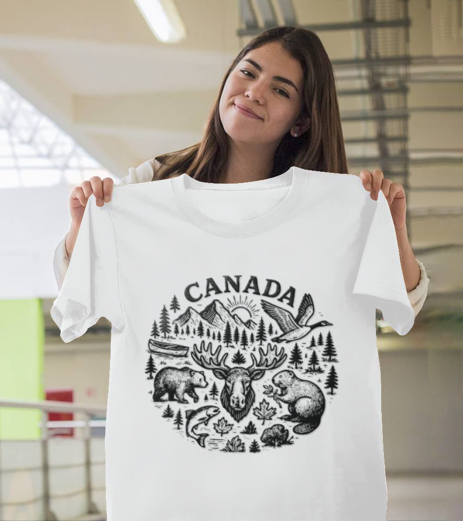 Canada Moose Bear Owl Squirrel Trees Mountains Sun Wildlife T-Shirt