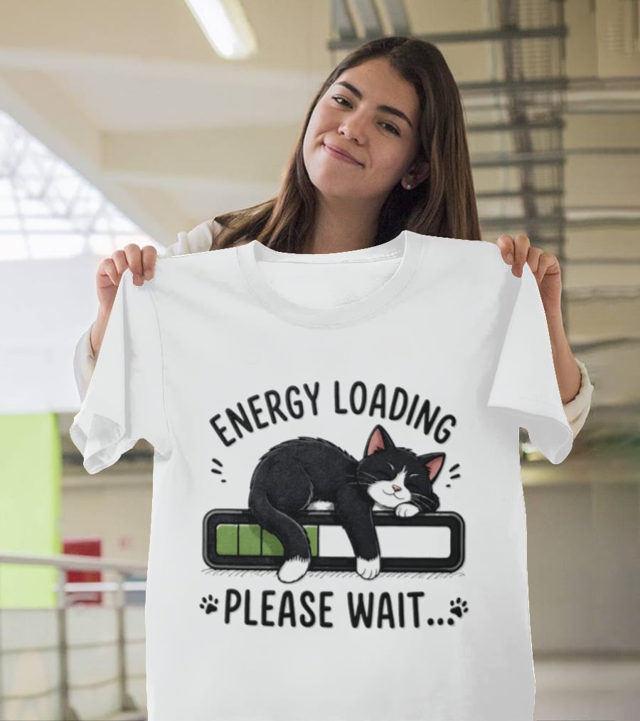 Cat Energy Loading Please Wait Sleeping Black Cat Battery Charge T-Shirt