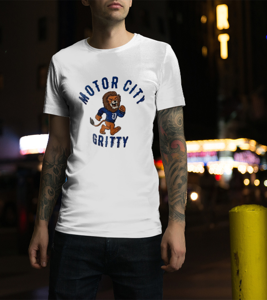Motor City Gritty Distressed Cartoon Lion Running Detroit Lions T-Shirt