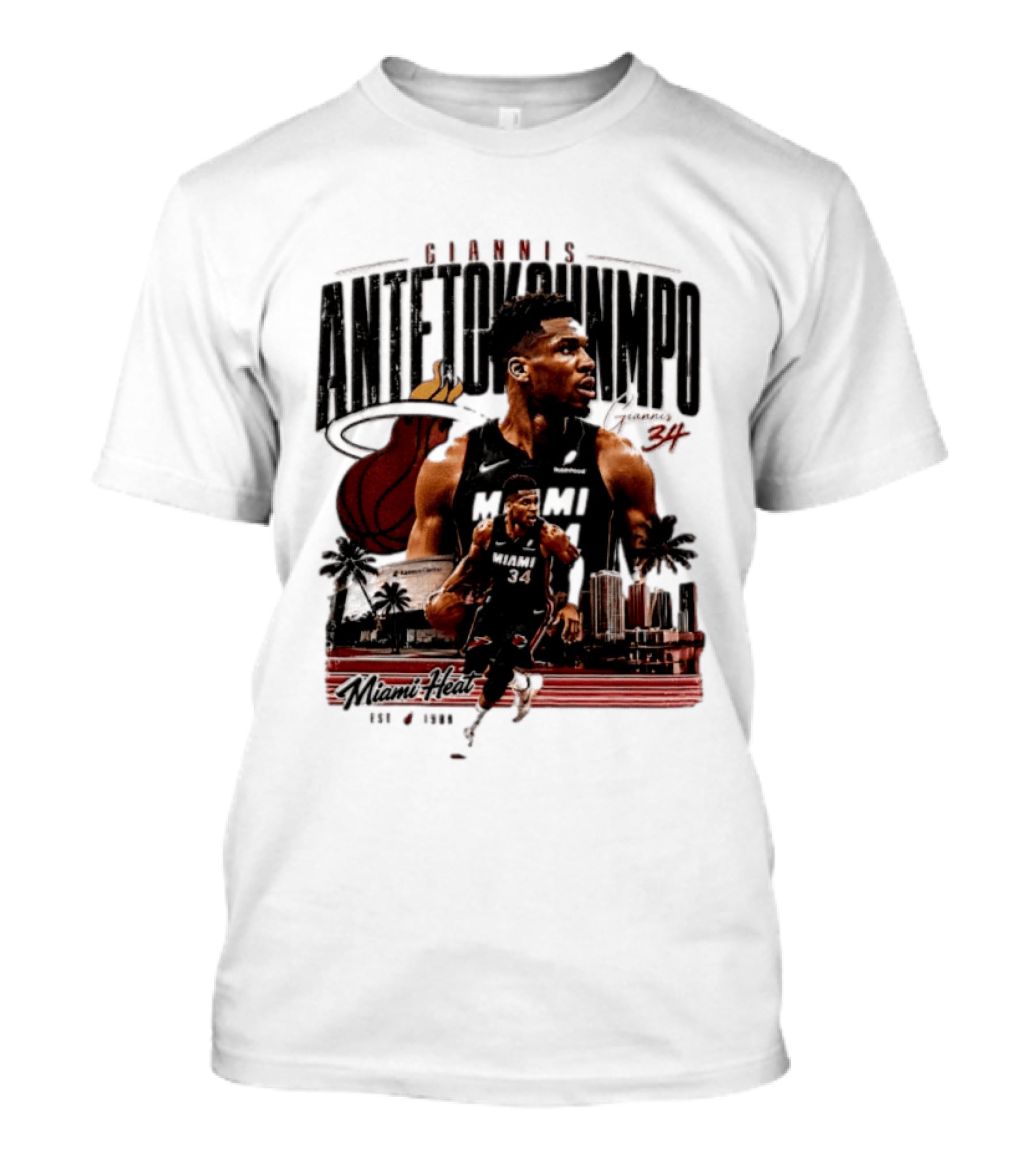 Giannis Antetokounmpo Miami Heat NBA Player Est 1988 Kaseya Center Palms And Cityscape T-Shirt