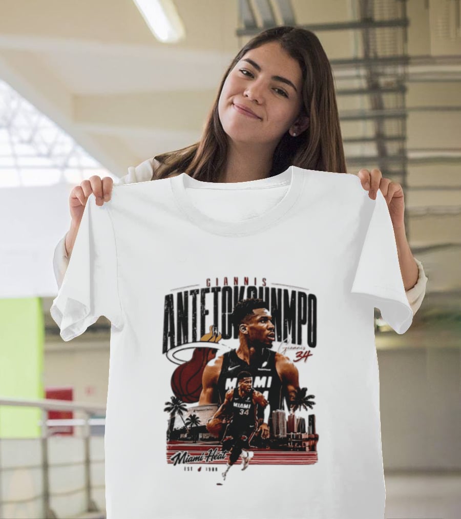 Giannis Antetokounmpo Miami Heat NBA Player Est 1988 Kaseya Center Palms And Cityscape T-Shirt