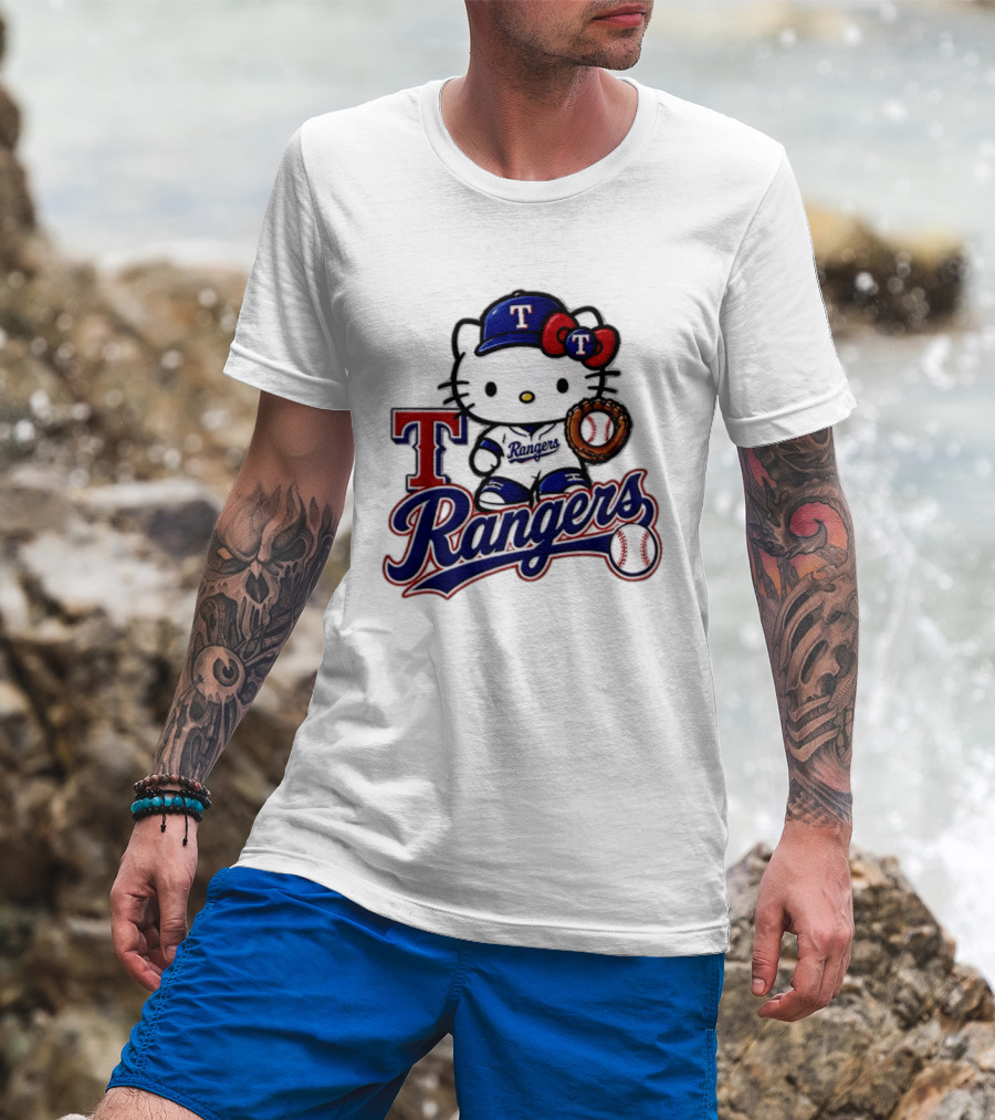 Hello Kitty Texas Rangers Baseball 2026 MLB Rangers Logo With Baseball Glove And Cap T-Shirt