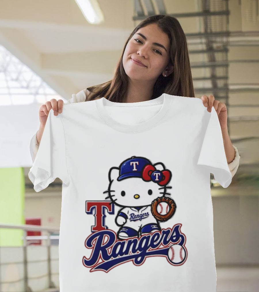 Hello Kitty Texas Rangers Baseball 2026 MLB Rangers Logo With Baseball Glove And Cap T-Shirt