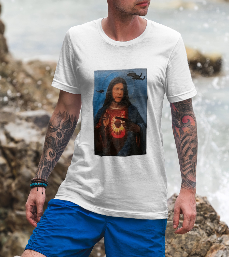 Jesus With Handgun And Military Helicopters Halo T-Shirt