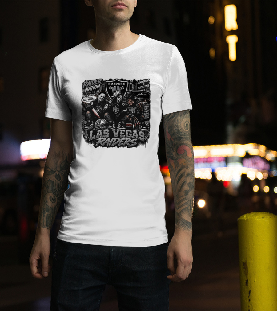 Raider Nation Las Vegas Raiders Michael Myers Ghostface Freddy Krueger Commitment To Excellence Halloween Allegiant Stadium T-Shirt