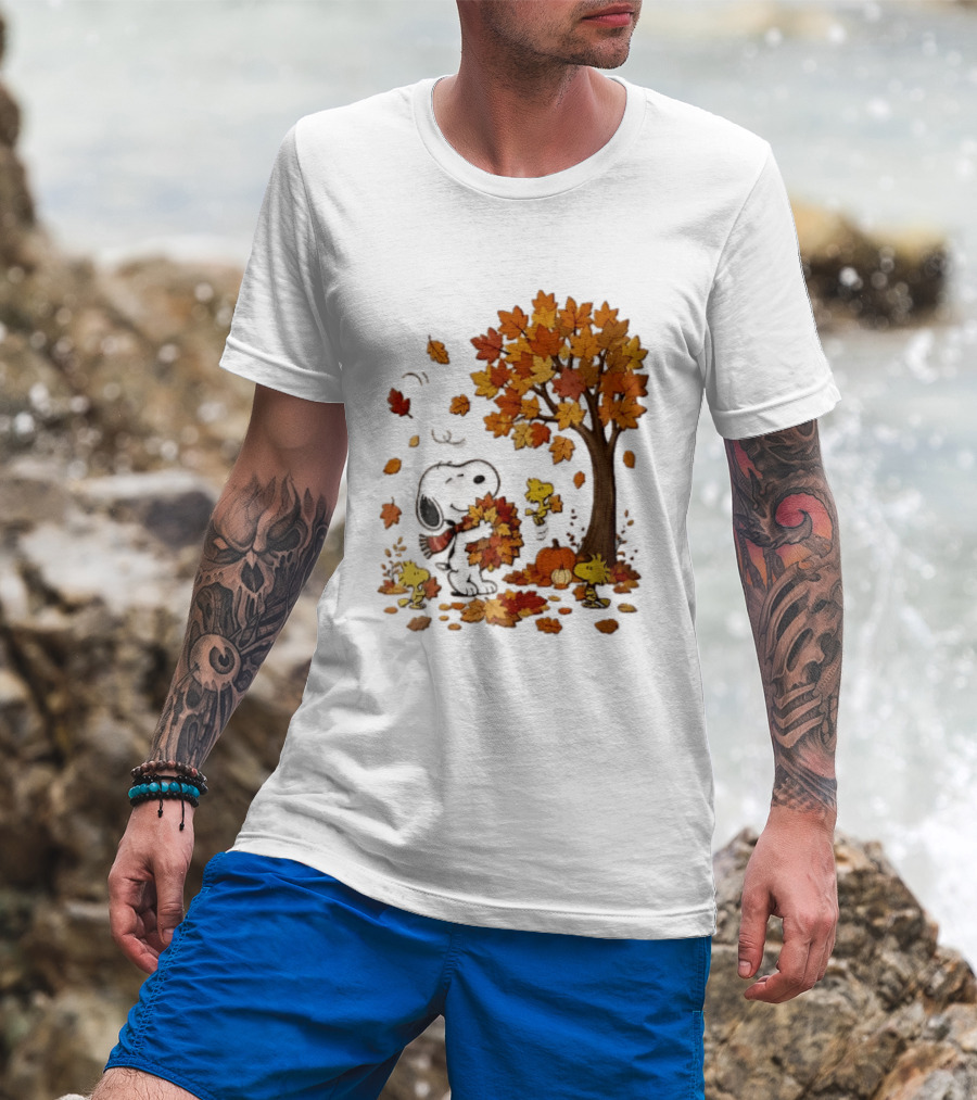 Snoopy Woodstock Autumn Leaves Pumpkin Fall Season Vibes T-Shirt