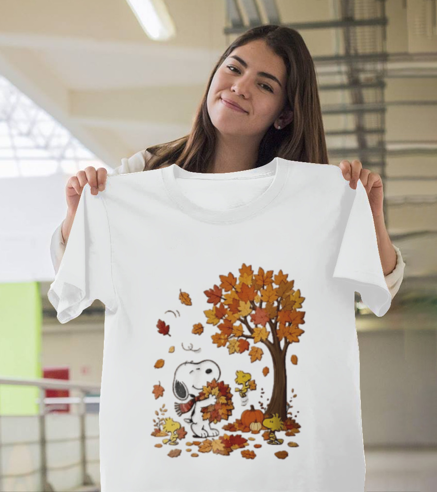 Snoopy Woodstock Autumn Leaves Pumpkin Fall Season Vibes T-Shirt