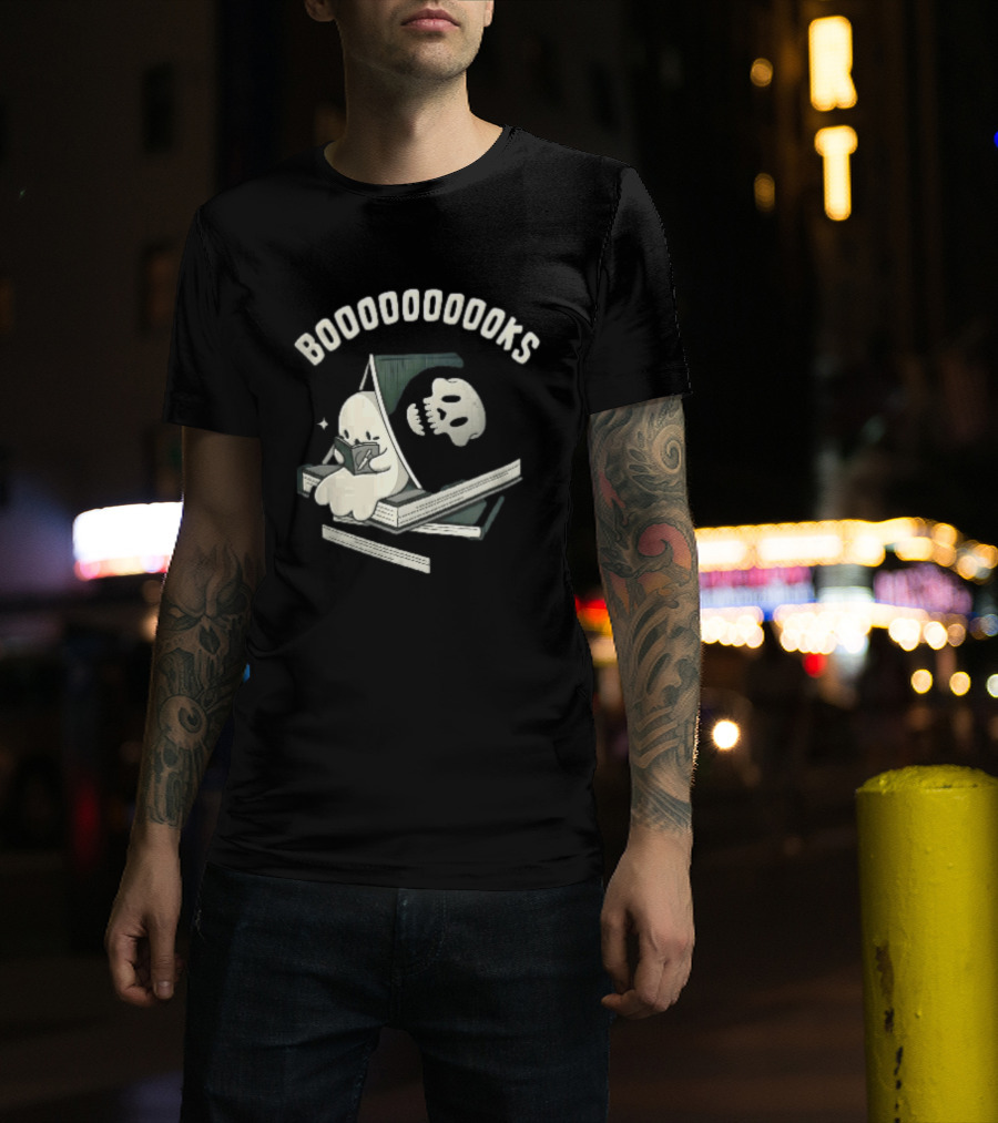 Boooooooooks Cartoon Ghost Reading Novel With Skeleton Specter T-Shirt