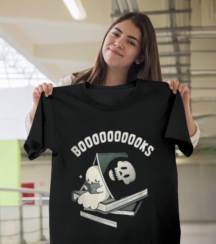 Boooooooooks Cartoon Ghost Reading Novel With Skeleton Specter T-Shirt